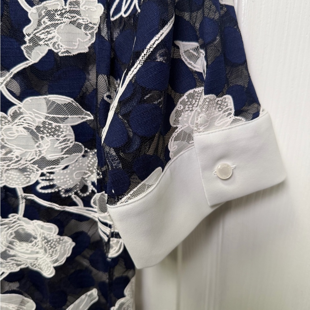 Anne Fontaine Christy Lace Blouse Navy Polka Dot Mesh Floral Shawl Collar L / 44 - Picture 4 of 16